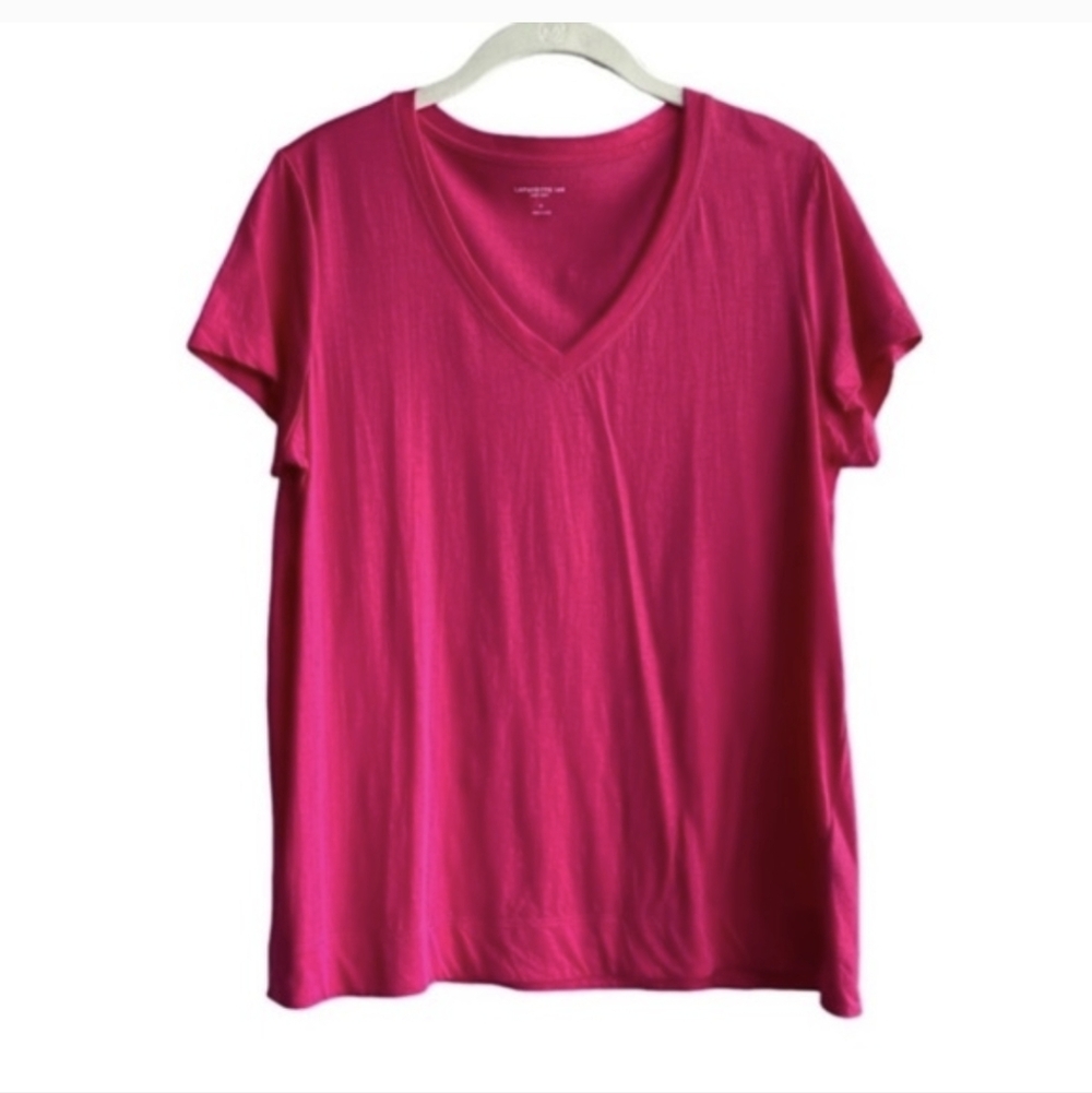 Lafayette 148 New York Short Sleeve 100% Cotton Tee V-neck Fuchsia Pink Size M